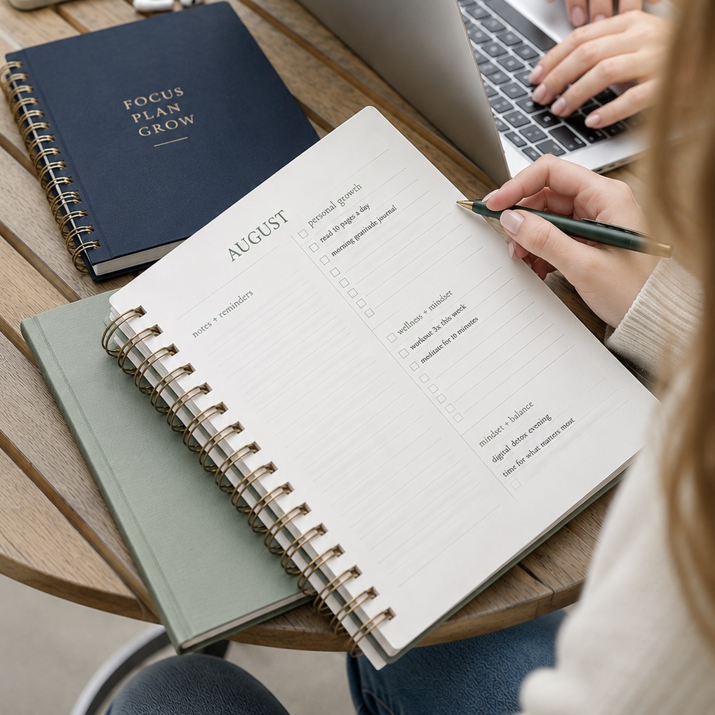 Hand writing in a planner beside a laptop