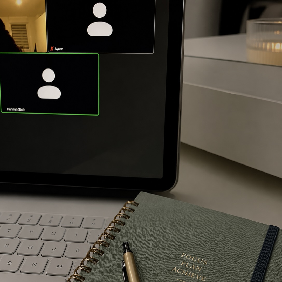 Tablet on a video call beside a notebook